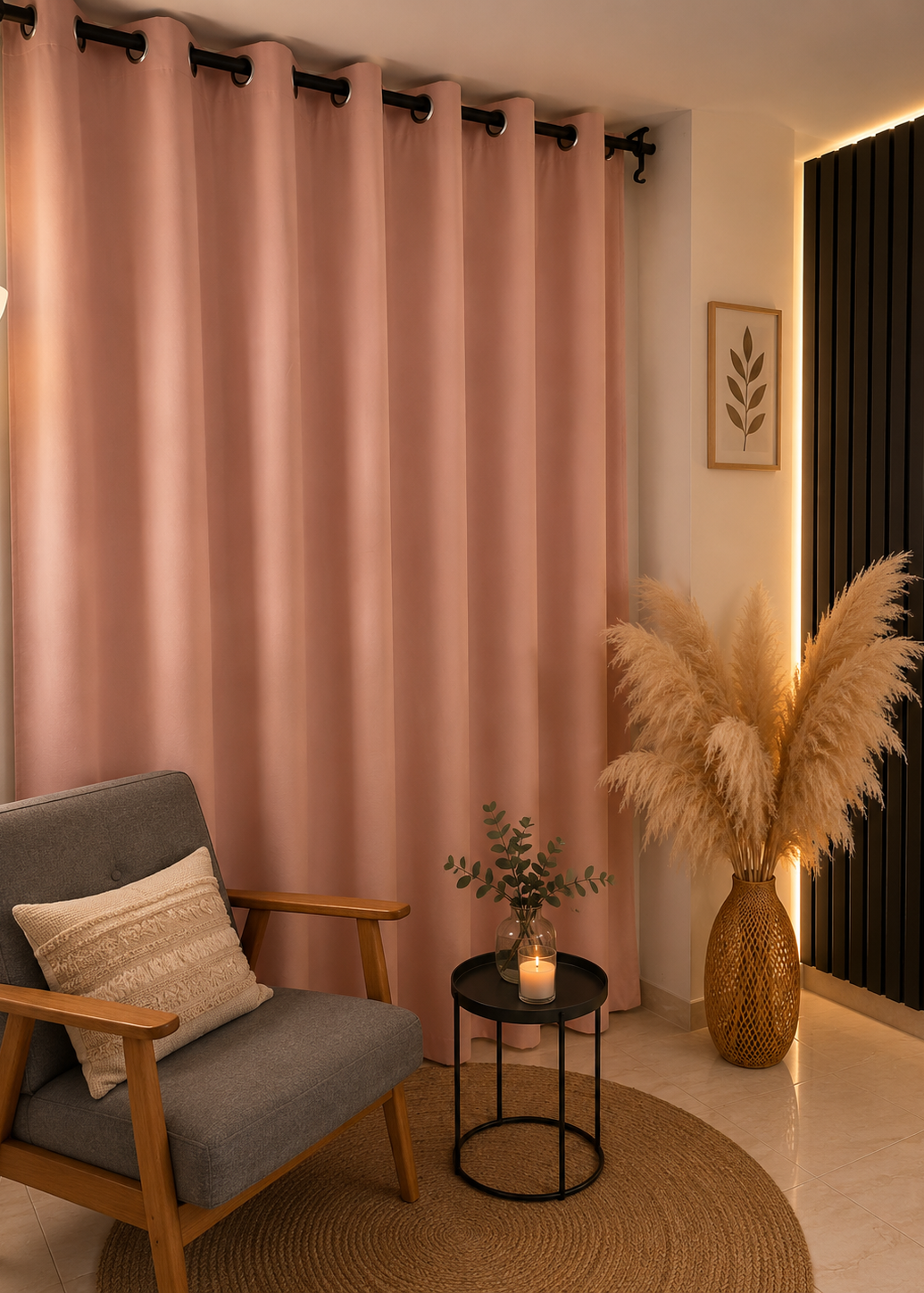 Cortina blackout color rosado suave, ideal para crear espacios modernos, acogedores y elegantes. Diseñada para bloquear la entrada de luz y brindar mayor privacidad y confort al hogar.